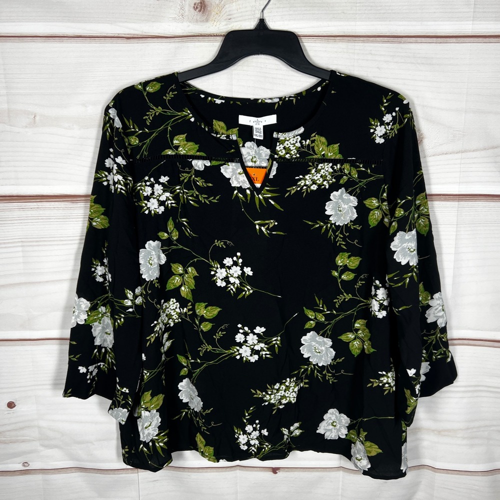 Fever Split Neck Blouse Womens XXL Black Floral 3/4 Sleeve Pullover Top‎ Stretch